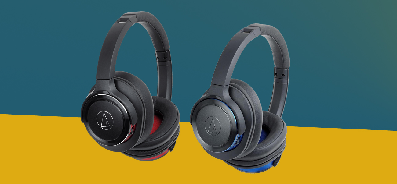 Two pairs of Audio-Technica ATH-WS660BT Wireless Over-Ear Headphones with one in Black/Red and one in Gunmetal/Blue